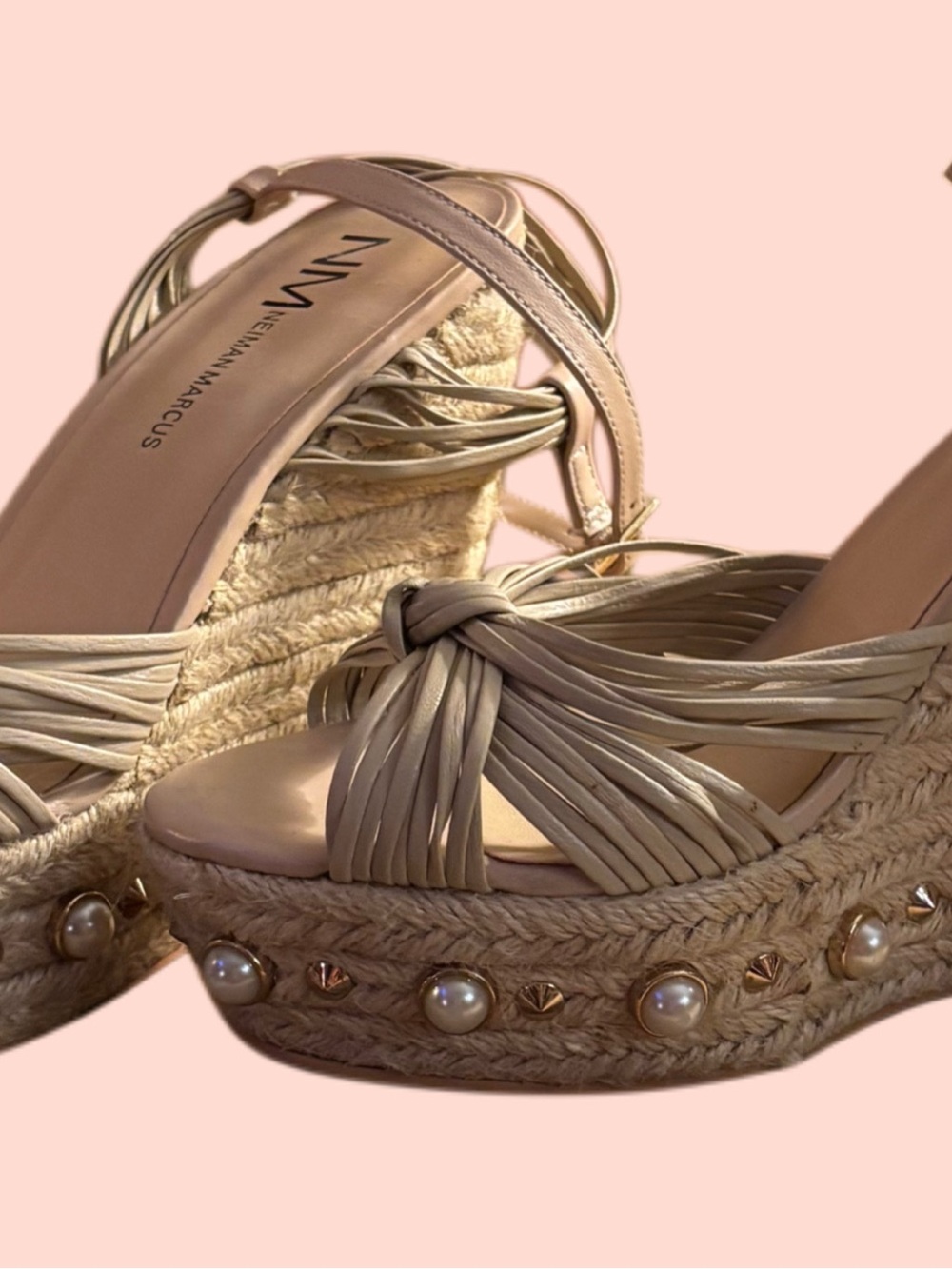 Neiman Marcus Metallic Gold Pearl-Embellished Espadrille Wedge Sandals